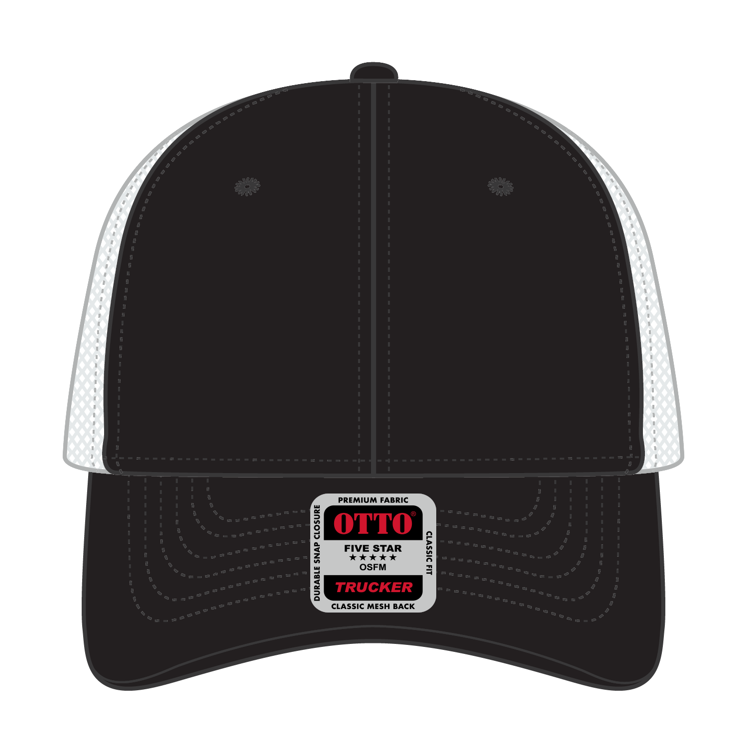 Front View of 030316 - Blk/Blk/Wht OTTO CAP 6 Panel Low Profile Mesh Back Trucker Hat