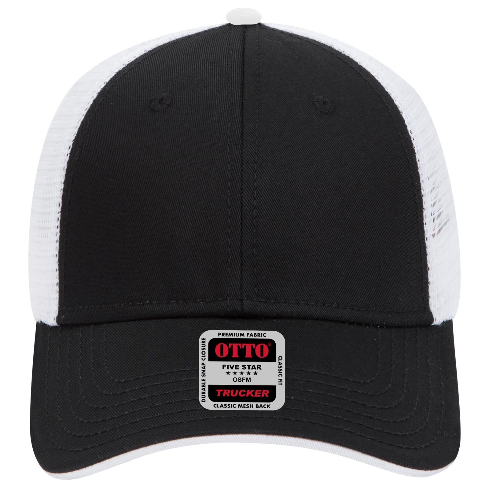 Front View of 030316 - Blk/Blk/Wht OTTO CAP 6 Panel Low Profile Mesh Back Trucker Hat