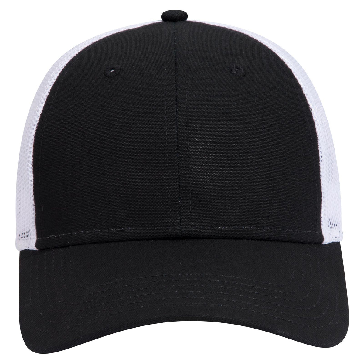 Front View of 030316 - Blk/Blk/Wht OTTO CAP 6 Panel Low Profile Mesh Back Trucker Hat
