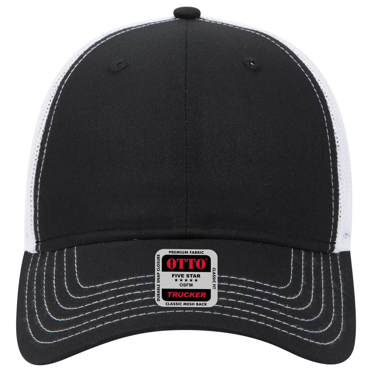 Front View of 030316 - Blk/Blk/Wht OTTO CAP 6 Panel Low Profile Mesh Back Trucker Hat