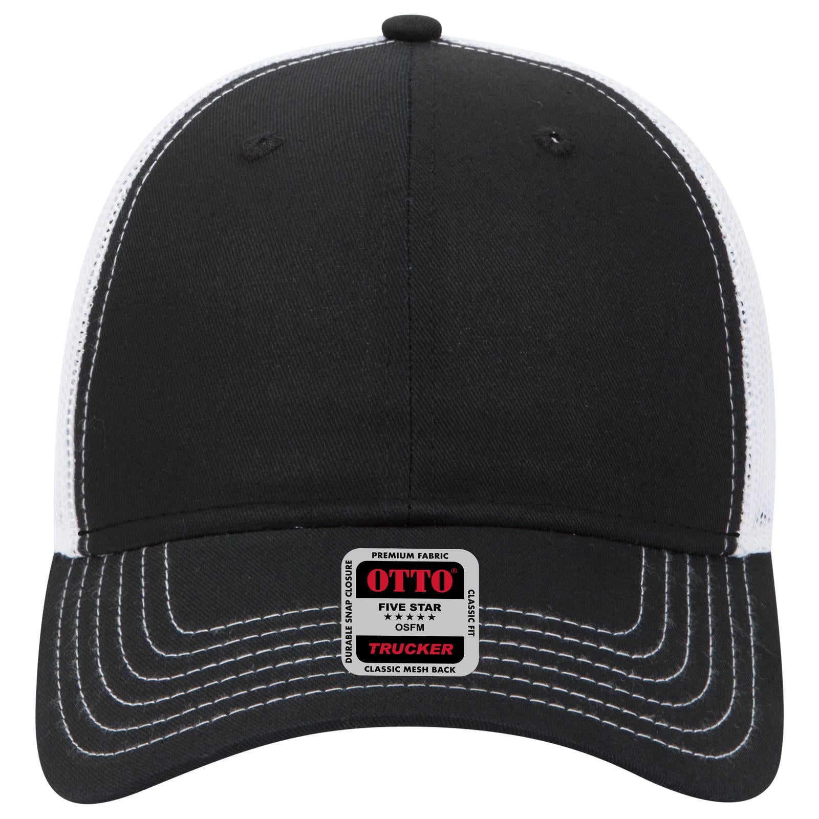Front View of 030316 - Blk/Blk/Wht OTTO CAP 6 Panel Low Profile Mesh Back Trucker Hat