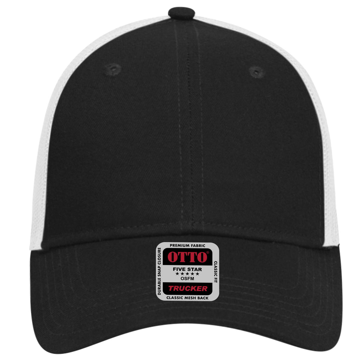 Front View of 030316 - Blk/Blk/Wht OTTO CAP 6 Panel Low Profile Mesh Back Trucker Hat