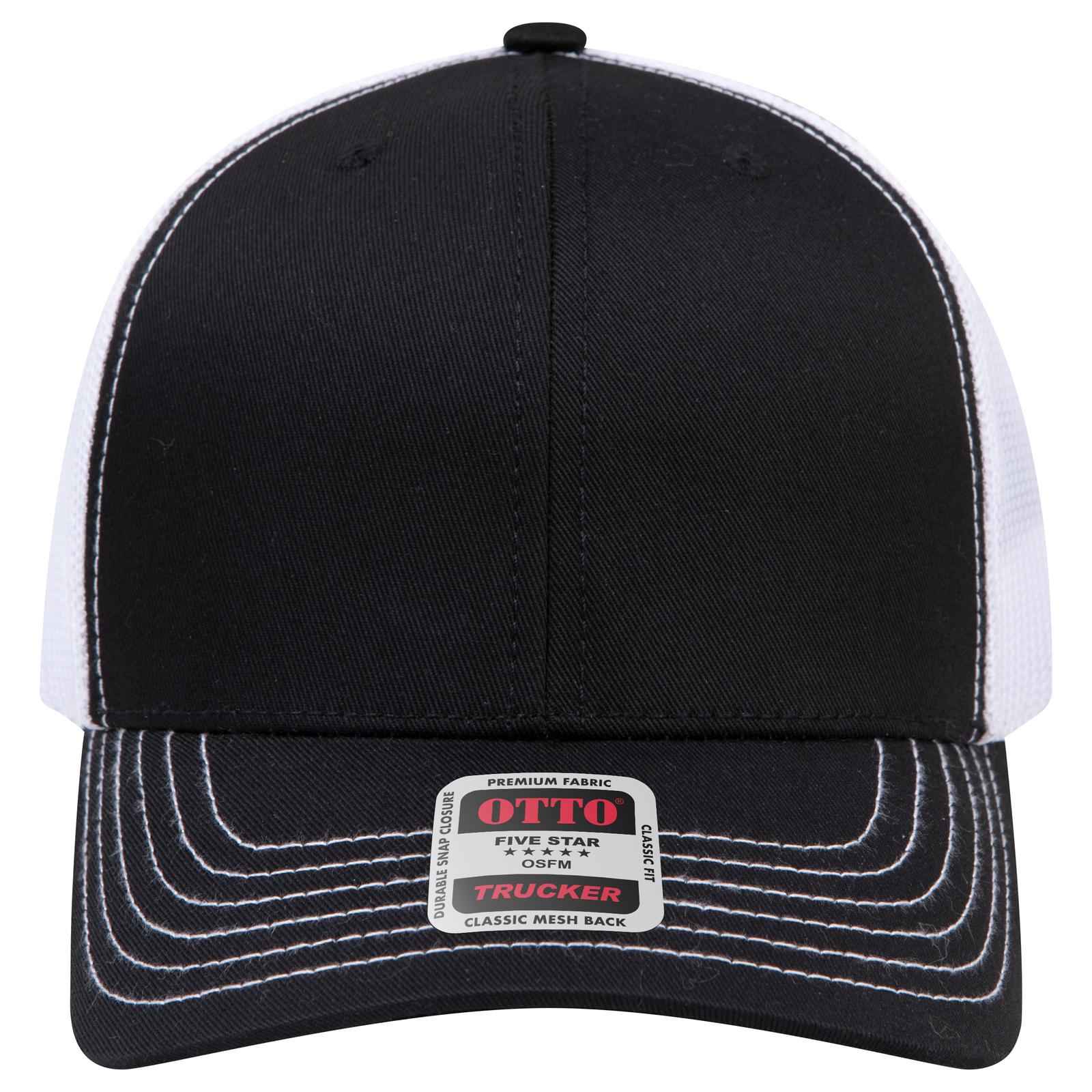 Right View of 030316 - Blk/Blk/Wht OTTO CAP 6 Panel Mid Profile Mesh Back Trucker Hat
