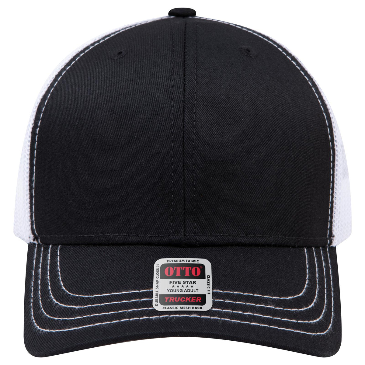 Front View of 030316 - Blk/Blk/Wht OTTO CAP 6 Panel Mid Profile Mesh Back Trucker Hat