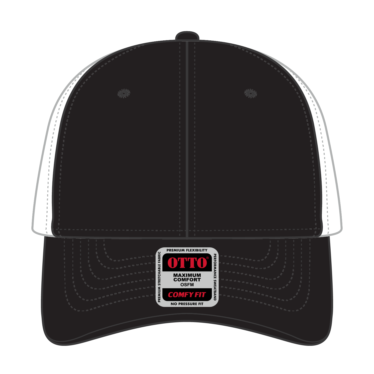 Front View of 030316 - Blk/Blk/Wht OTTO CAP "OTTO COMFY FIT" 6 Panel Low Profile Mesh Back Trucker Hat