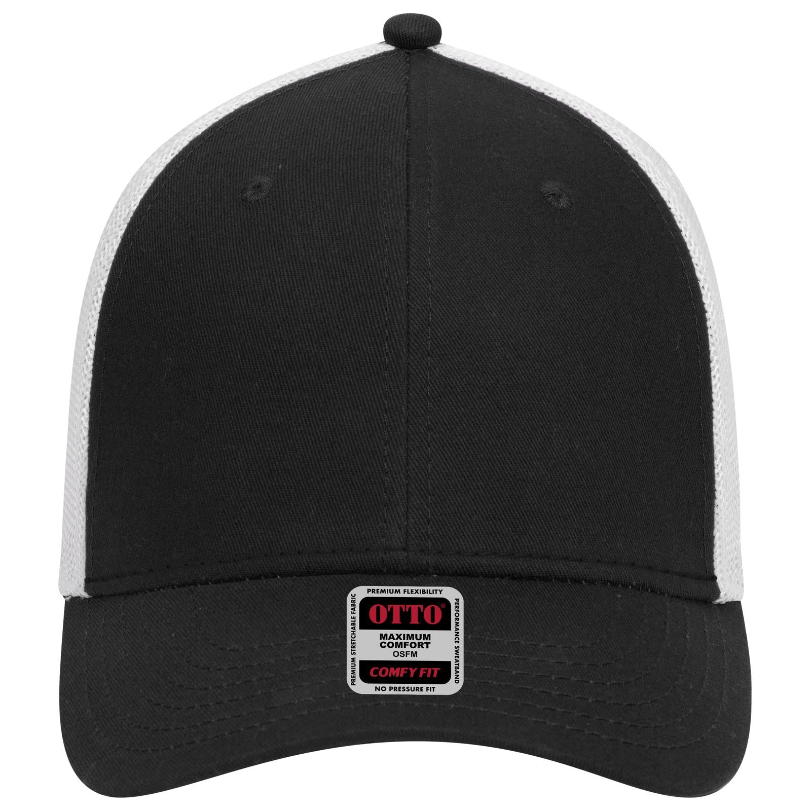 Front View of 030316 - Blk/Blk/Wht OTTO CAP "OTTO COMFY FIT" 6 Panel Low Profile Mesh Back Trucker Hat