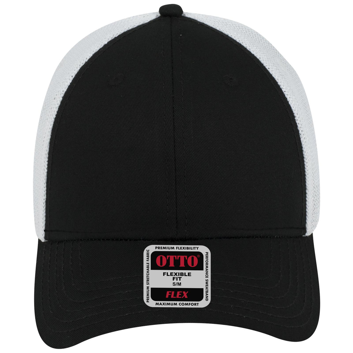Front View of 030316 - Blk/Blk/Wht OTTO CAP "OTTO FLEX" Fitted 6 Panel Low Profile Mesh Back Trucker Hat