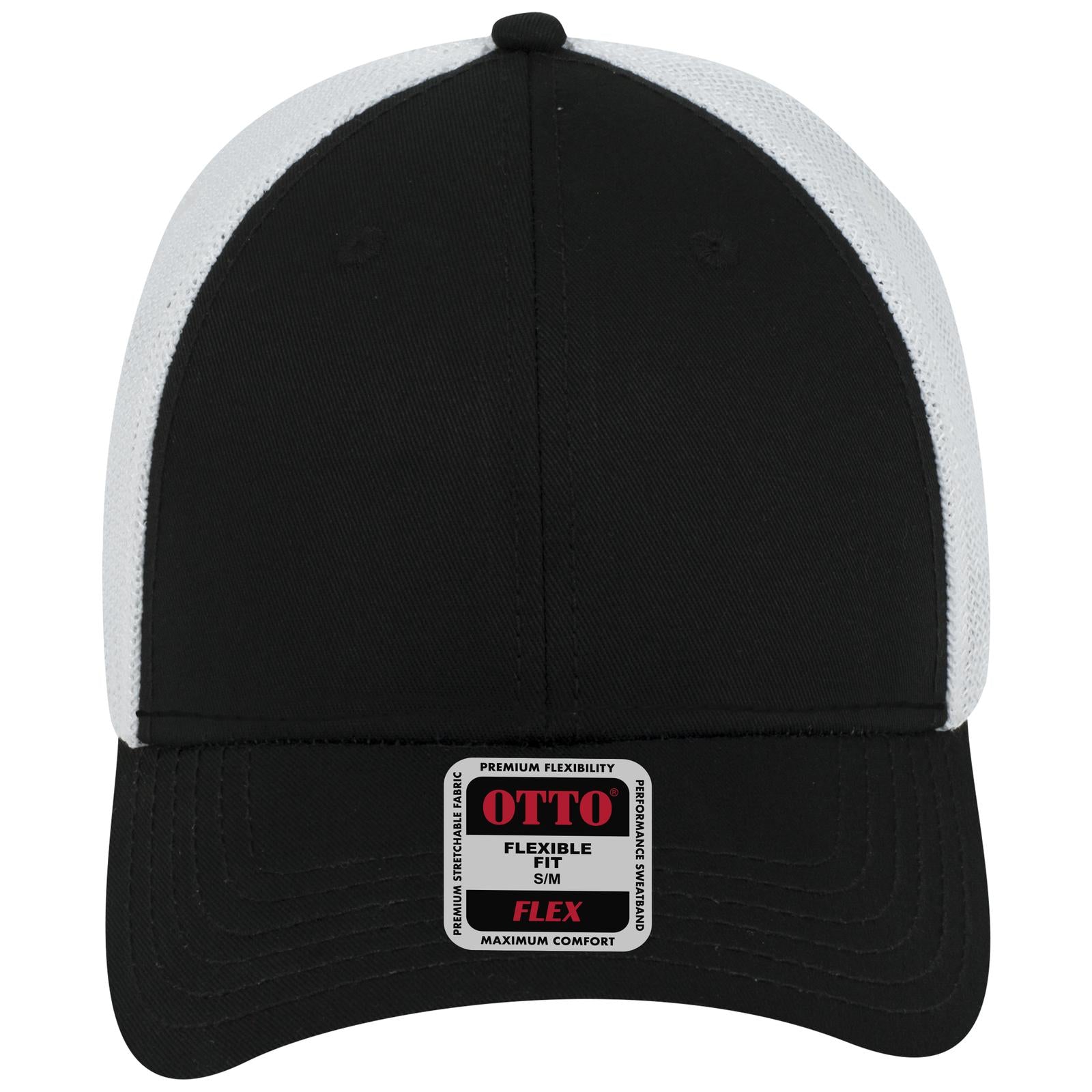 Front View of 030316 - Blk/Blk/Wht OTTO CAP "OTTO FLEX" Fitted 6 Panel Low Profile Mesh Back Trucker Hat