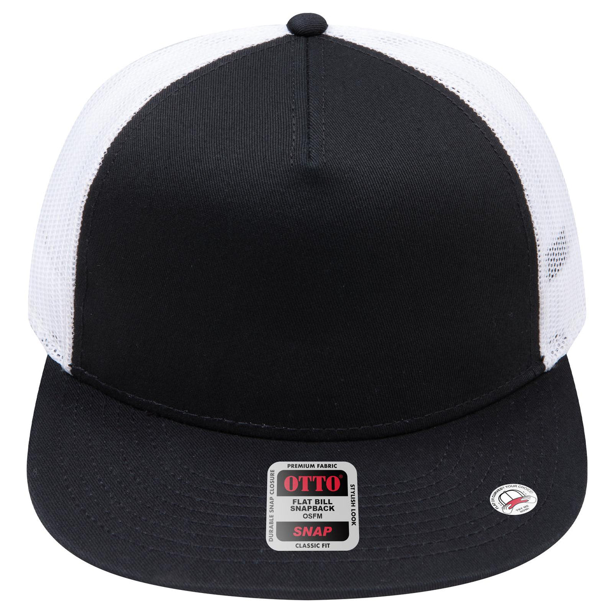 Front View of 030316 - Blk/Blk/Wht OTTO CAP "OTTO SNAP" 5 Panel Pro Style Mesh Back Trucker Snapback Hat