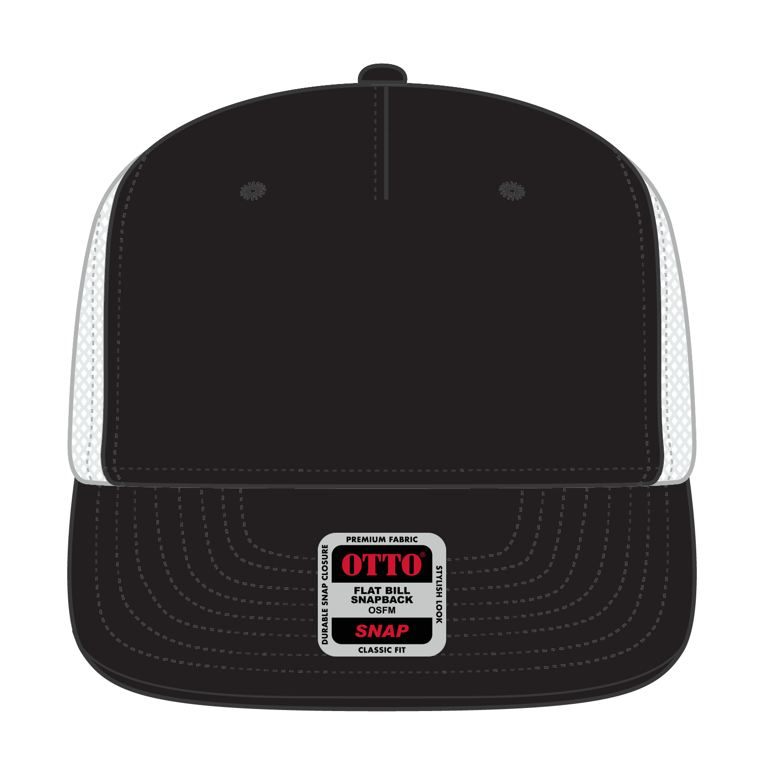 Front View of 030316 - Blk/Blk/Wht OTTO CAP "OTTO SNAP" 5 Panel Pro Style Mesh Back Trucker Snapback Hat