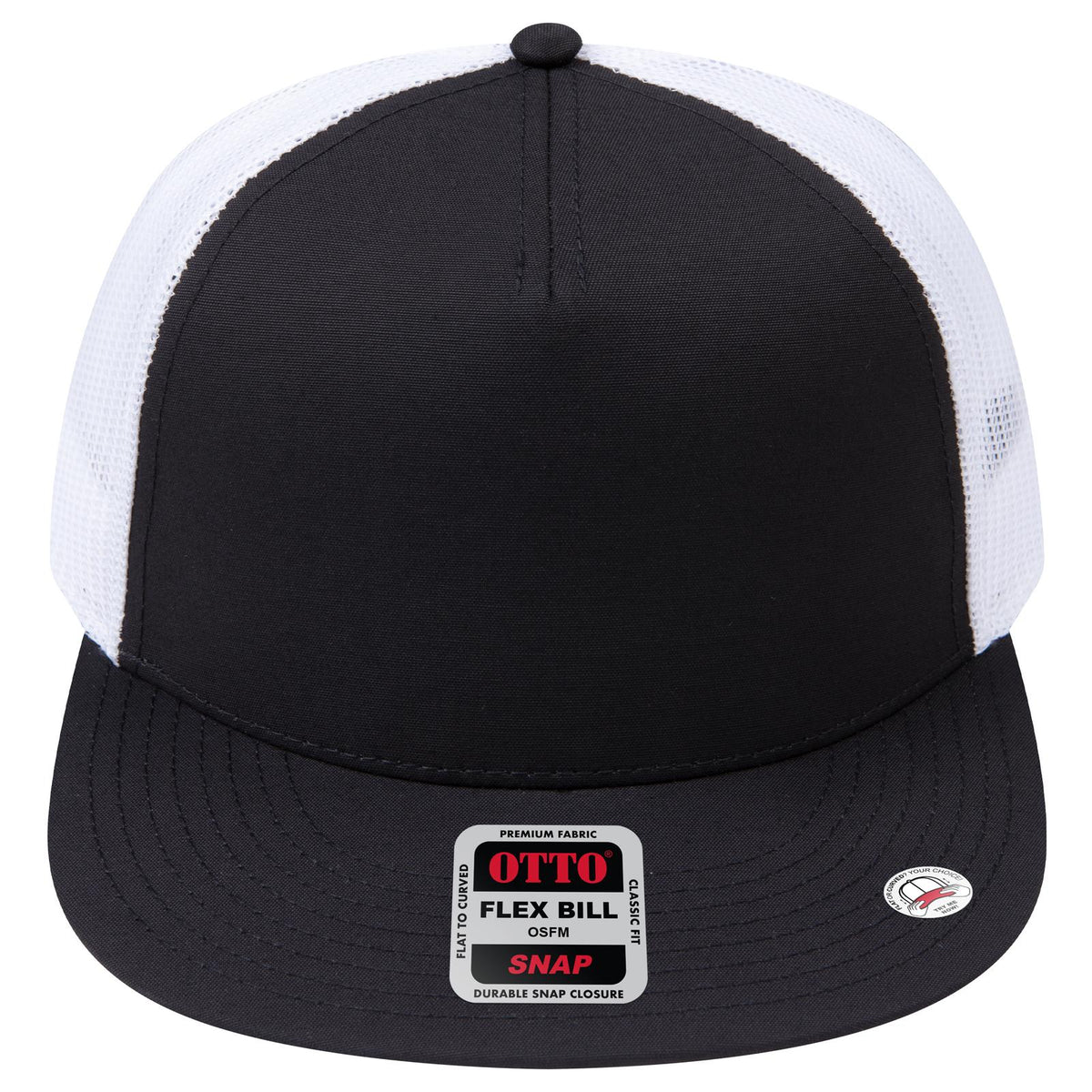 Front View of 030316 - Blk/Blk/Wht OTTO CAP "OTTO SNAP" 5 Panel Pro Style Mesh Back Trucker Snapback Hat