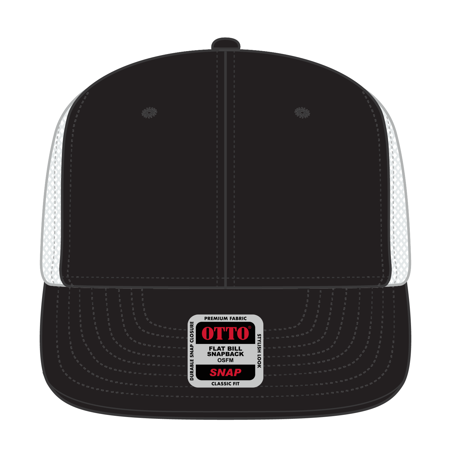 Front View of 030316 - Blk/Blk/Wht OTTO CAP "OTTO SNAP" 6 Panel Pro Style Mesh Back Trucker Snapback Hat