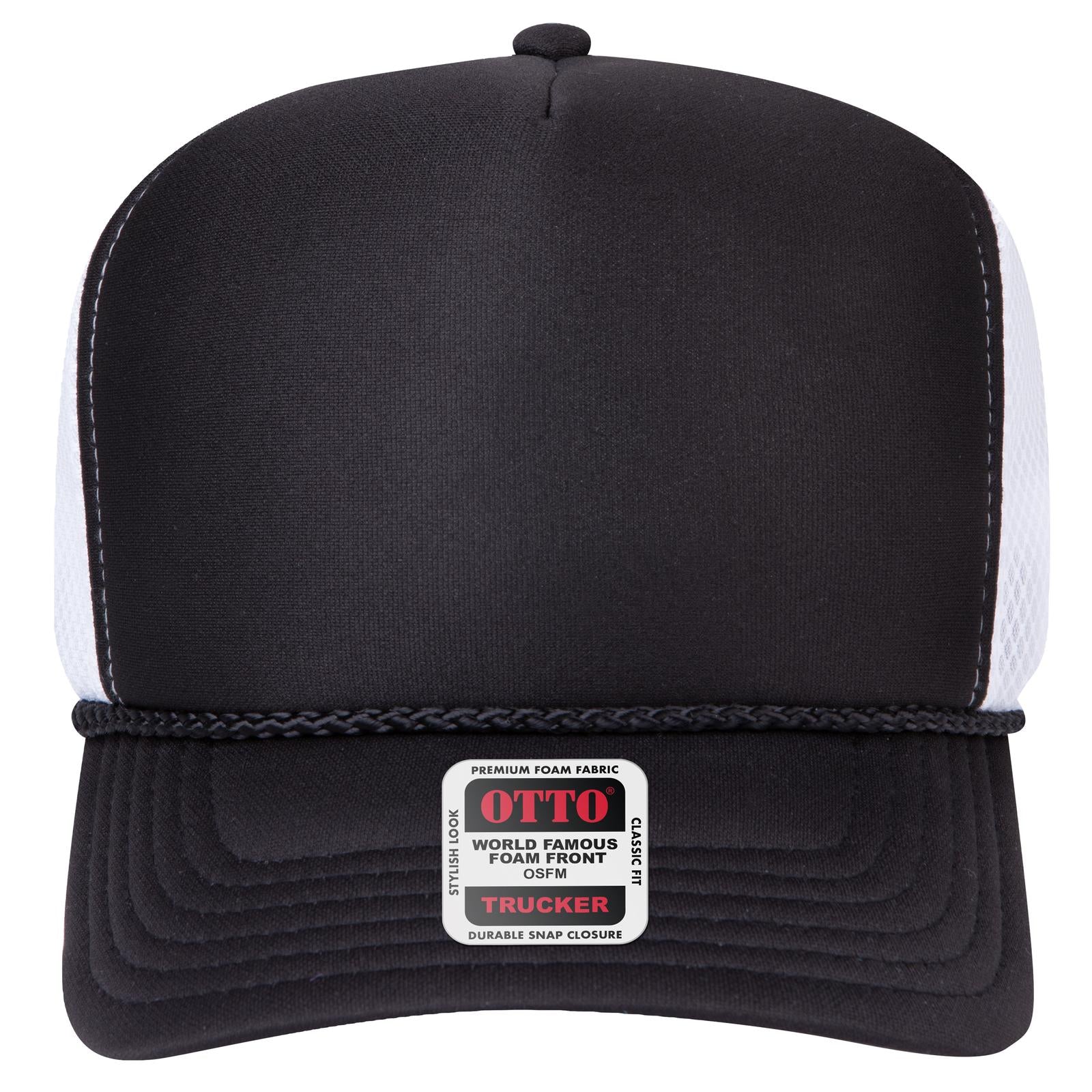 Right View of 030316C - Blk/Blk/Wht OTTO CAP 5 Panel High Crown Air Mesh Back Trucker Hat