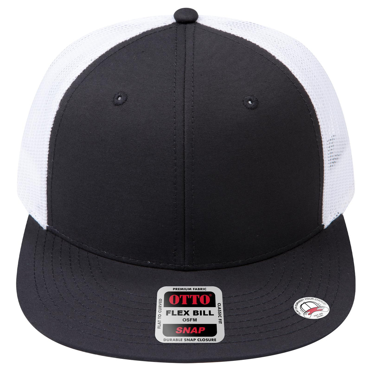 Front View of 030316C - Blk/Blk/Wht OTTO CAP "OTTO SNAP" 6 Panel Pro Style Mesh Back Trucker Snapback Hat