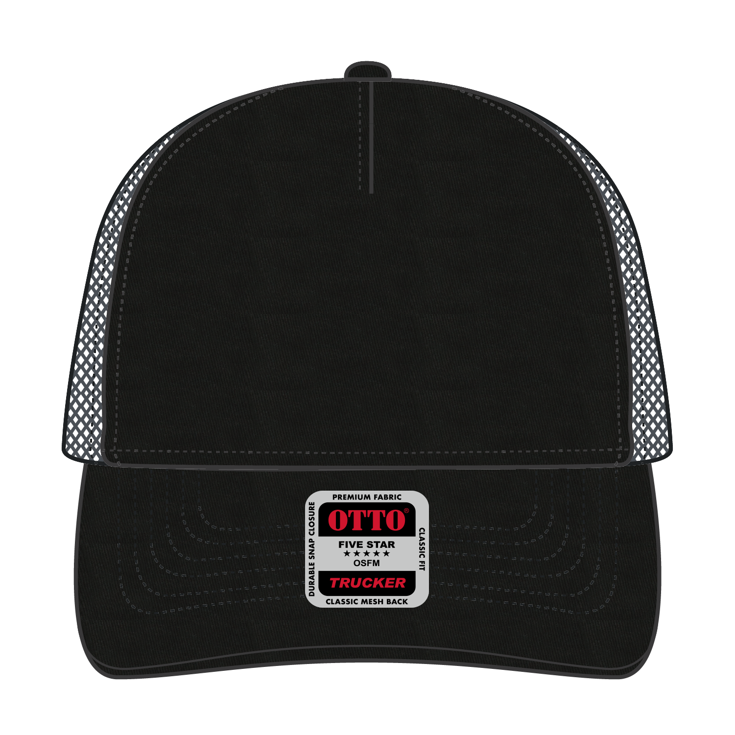 Front View of 030325 - Blk/Blk/Ch.Gry OTTO CAP 5 Panel Low Profile Mesh Back Trucker Hat