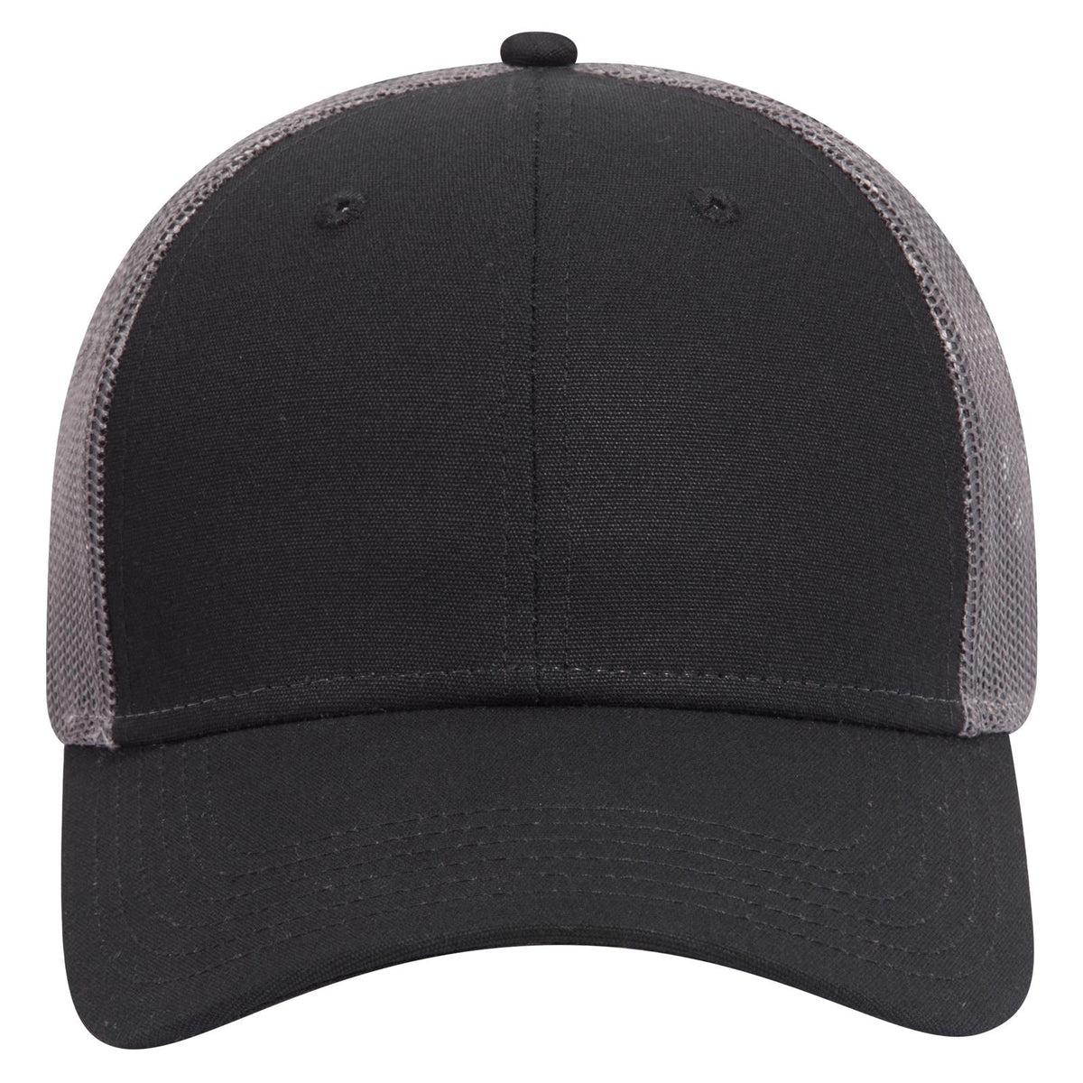 Front View of 030325 - Blk/Blk/Ch.Gry OTTO CAP 6 Panel Low Profile Mesh Back Trucker Hat