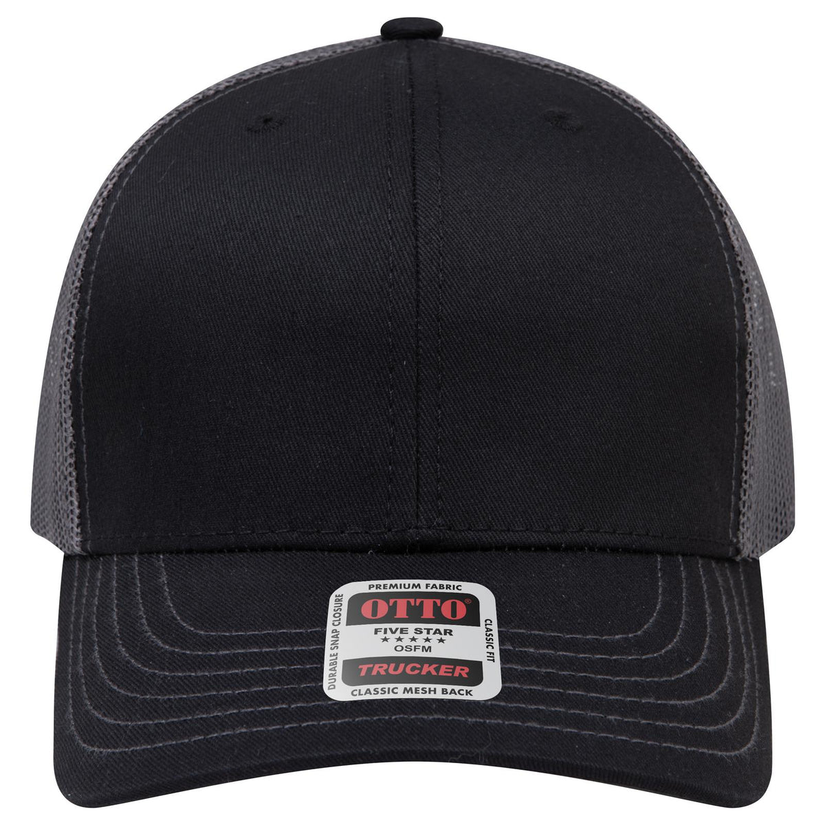 Front View of 030325 - Blk/Blk/Ch.Gry OTTO CAP 6 Panel Mid Profile Mesh Back Trucker Hat