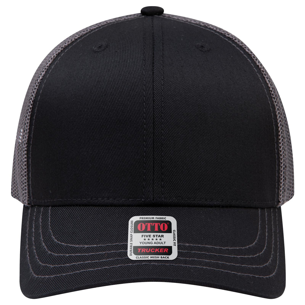 Front View of 030325 - Blk/Blk/Ch.Gry OTTO CAP 6 Panel Mid Profile Mesh Back Trucker Hat