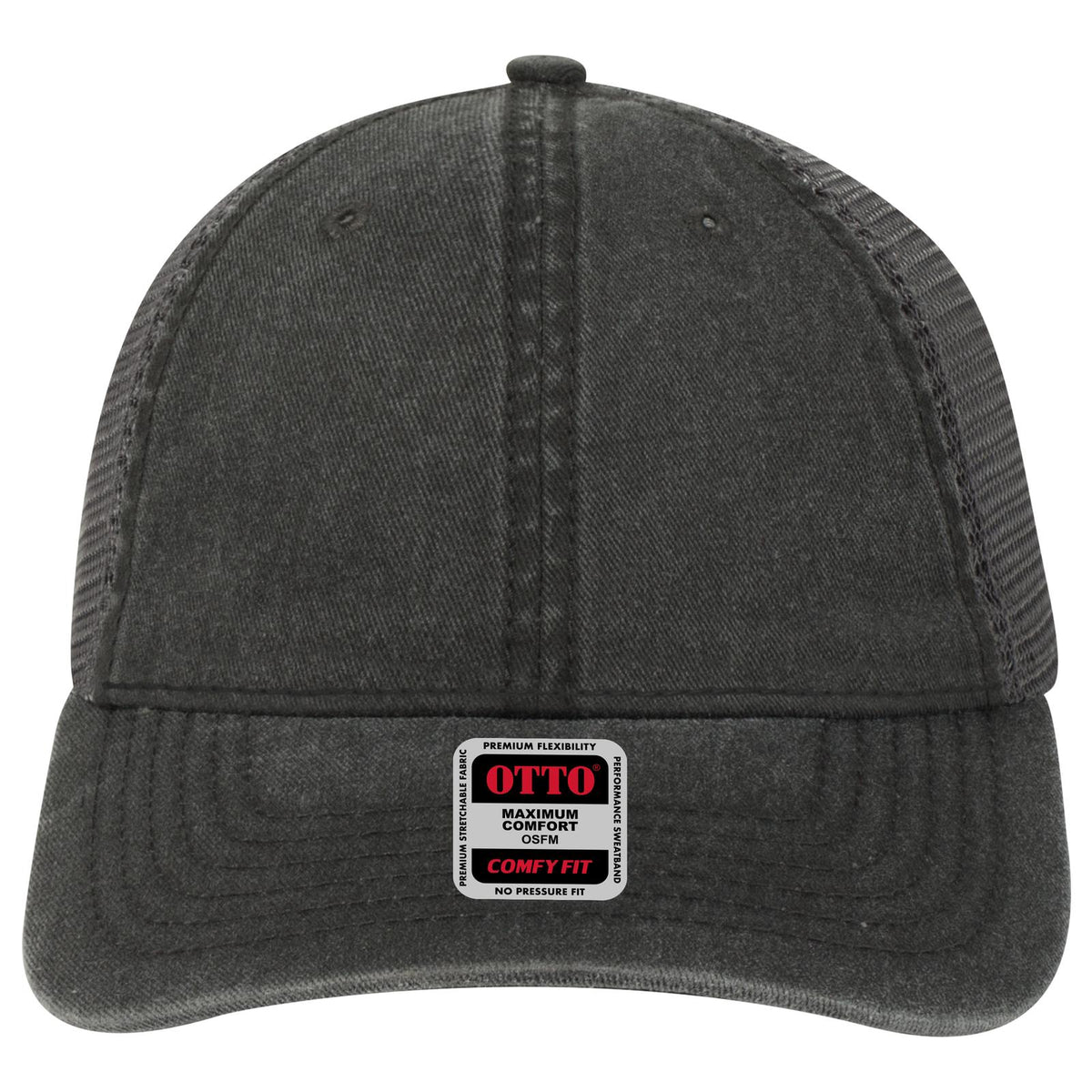 Front View of 030325 - Blk/Blk/Ch.Gry OTTO CAP "OTTO COMFY FIT" 6 Panel Low Profile Mesh Back Trucker Hat