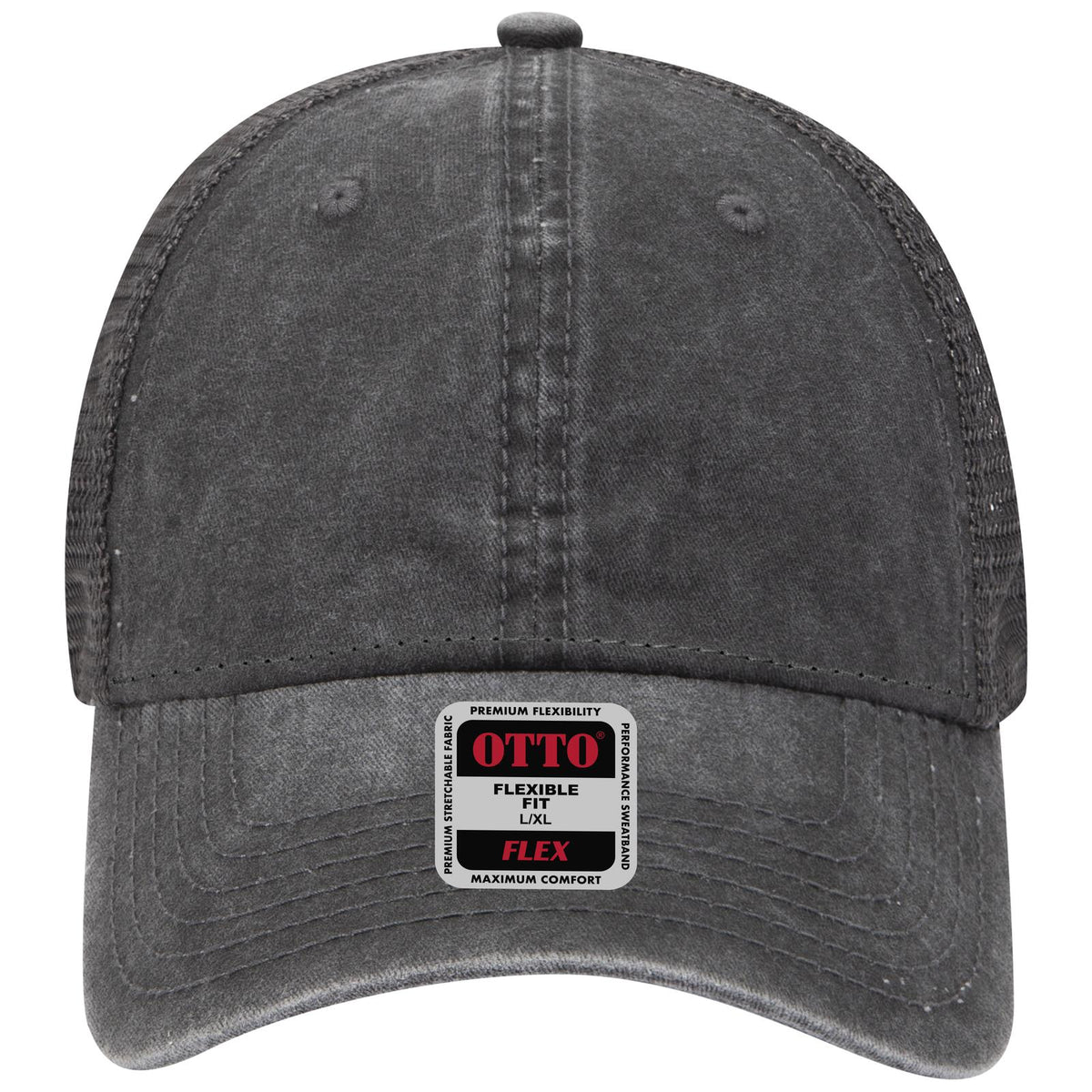 Front View of 030325 - Blk/Blk/Ch.Gry OTTO CAP "OTTO FLEX" Fitted 6 Panel Low Profile Mesh Back Trucker Hat