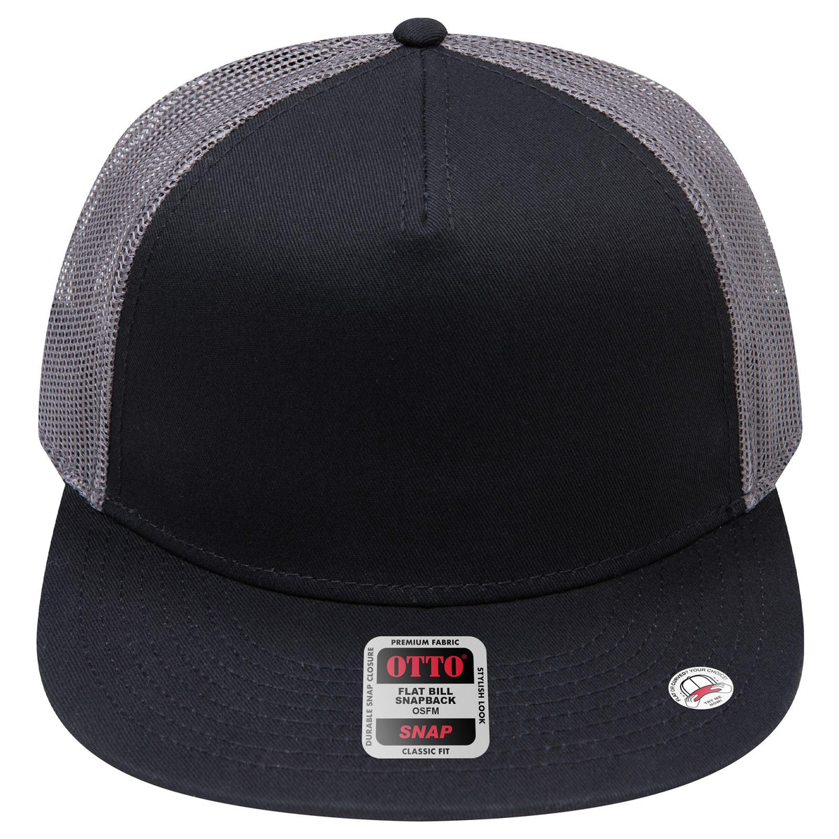 Front View of 030325 - Blk/Blk/Ch.Gry OTTO CAP "OTTO SNAP" 5 Panel Pro Style Mesh Back Trucker Snapback Hat