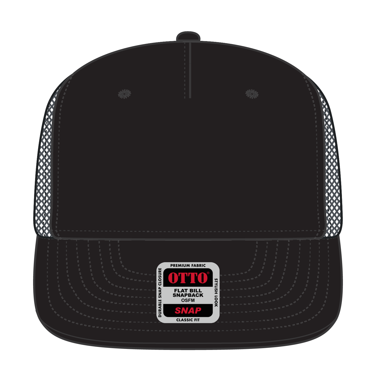 Front View of 030325 - Blk/Blk/Ch.Gry OTTO CAP "OTTO SNAP" 5 Panel Pro Style Mesh Back Trucker Snapback Hat