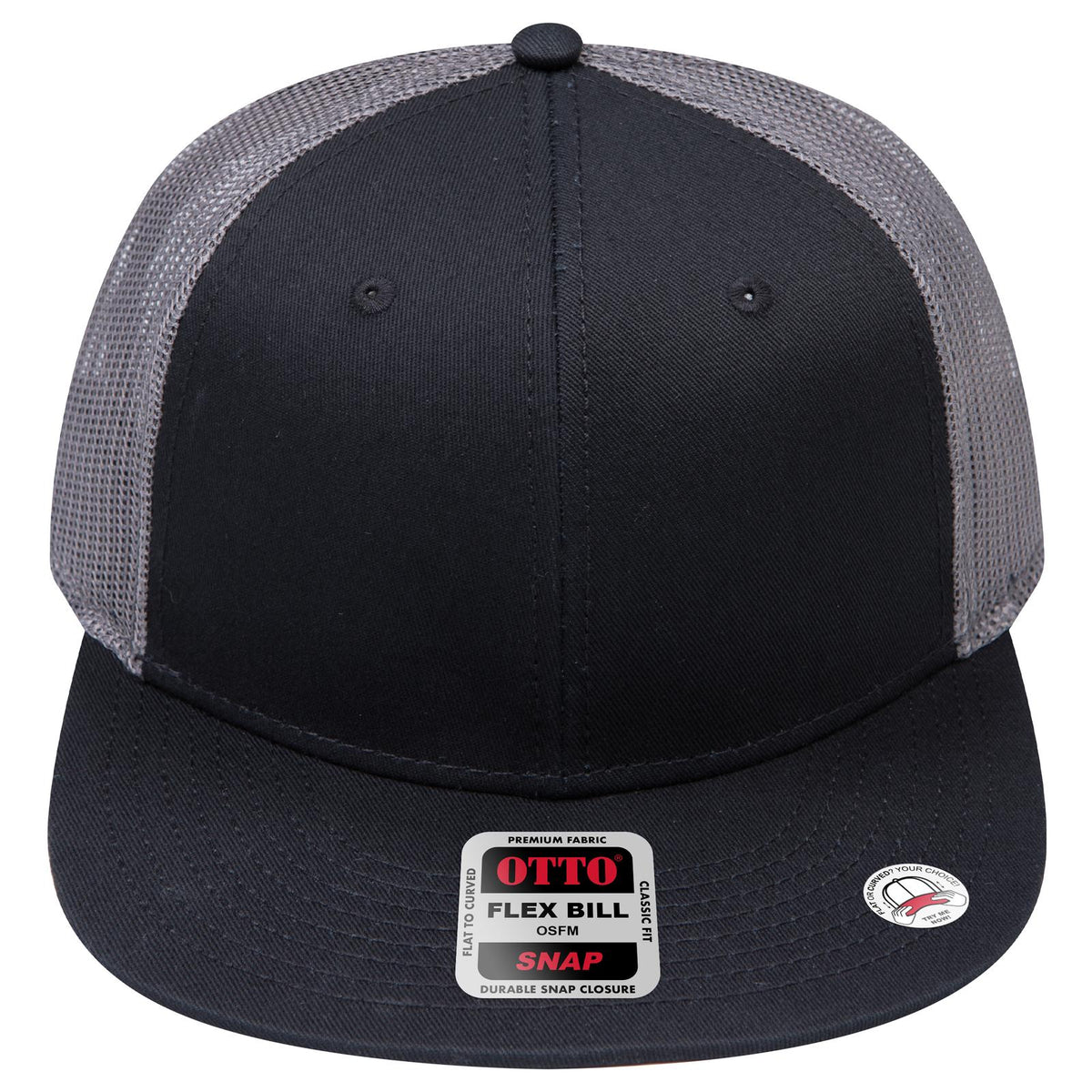Front View of 030325 - Blk/Blk/Ch.Gry OTTO CAP "OTTO SNAP" 6 Panel Pro Style Mesh Back Trucker Snapback Hat