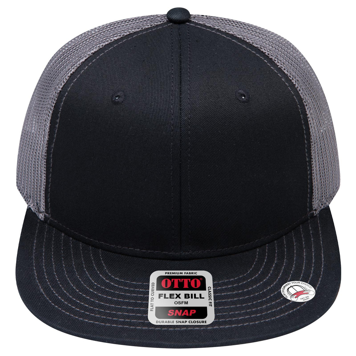 Front View of 030325B - Blk/Blk/Ch.Gry OTTO CAP "OTTO SNAP" 6 Panel Pro Style Mesh Back Trucker Snapback Hat