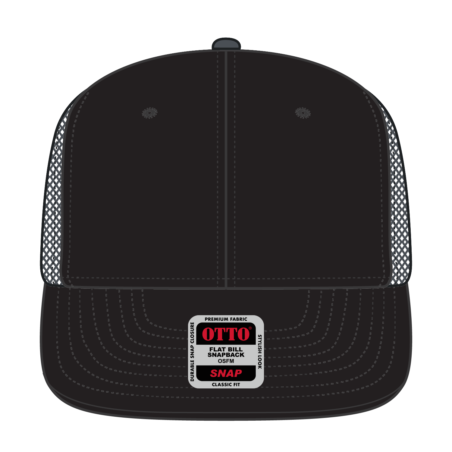 Front View of 030325B - Blk/Blk/Ch.Gry OTTO CAP "OTTO SNAP" 6 Panel Pro Style Mesh Back Trucker Snapback Hat