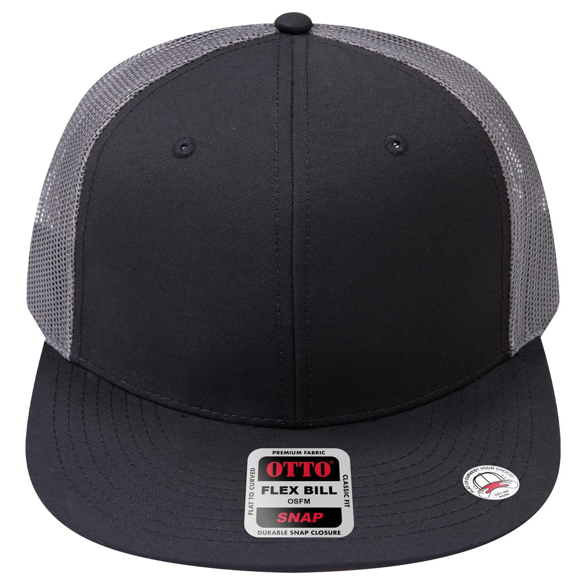 Front View of 030325C - Blk/Blk/Ch Gry OTTO CAP "OTTO SNAP" 6 Panel Pro Style Mesh Back Trucker Snapback Hat