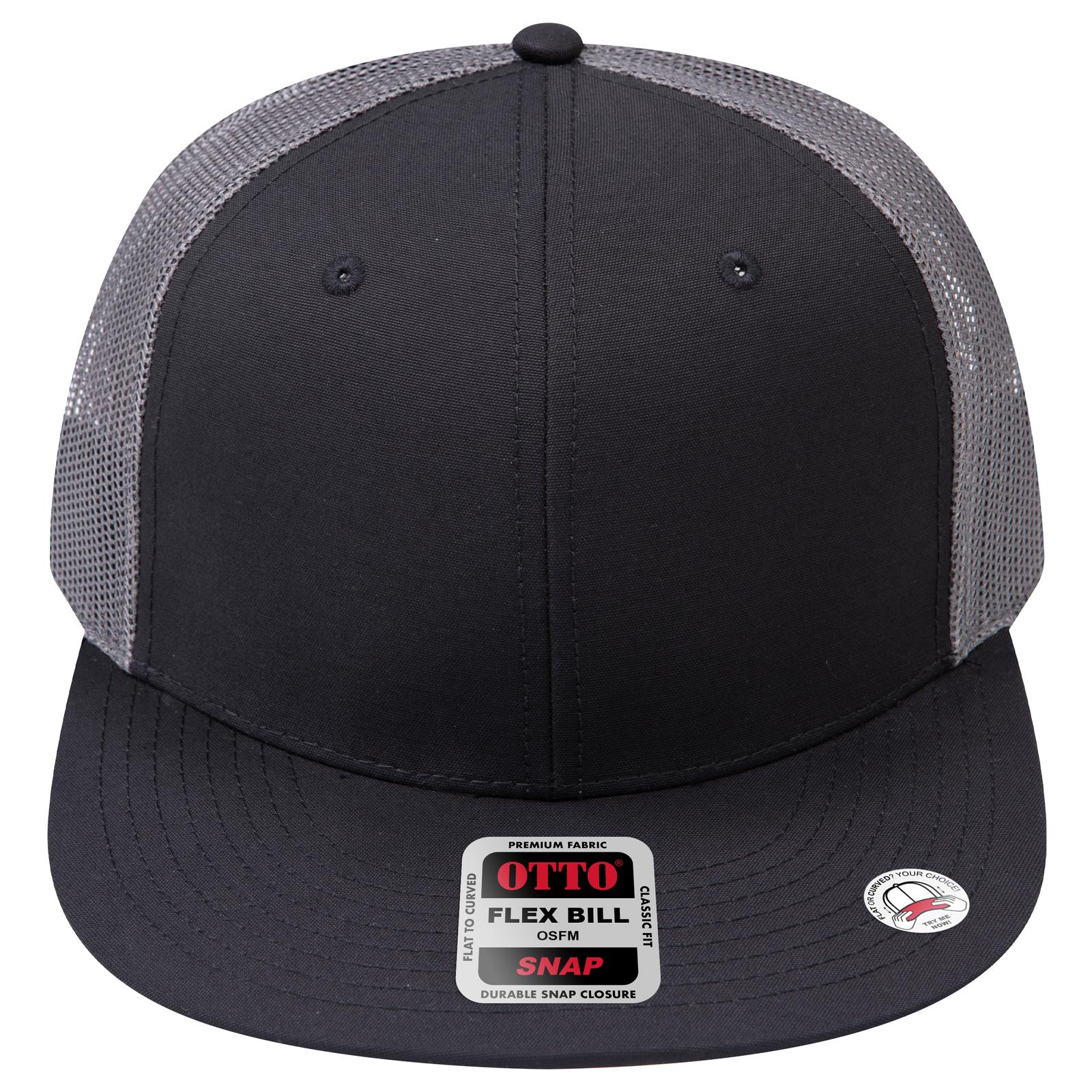 Front View of 030325C - Blk/Blk/Ch Gry OTTO CAP "OTTO SNAP" 6 Panel Pro Style Mesh Back Trucker Snapback Hat