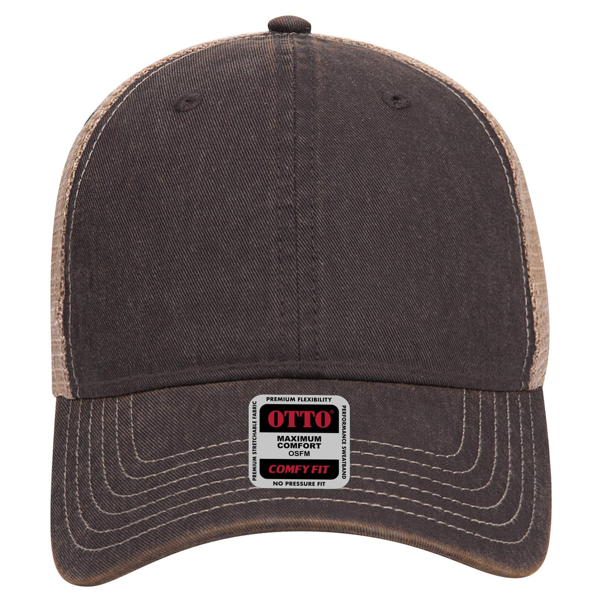 Front View of 030332 - Blk/Blk/Kha OTTO CAP 6 Panel Low Profile Mesh Back Trucker Dad Hat