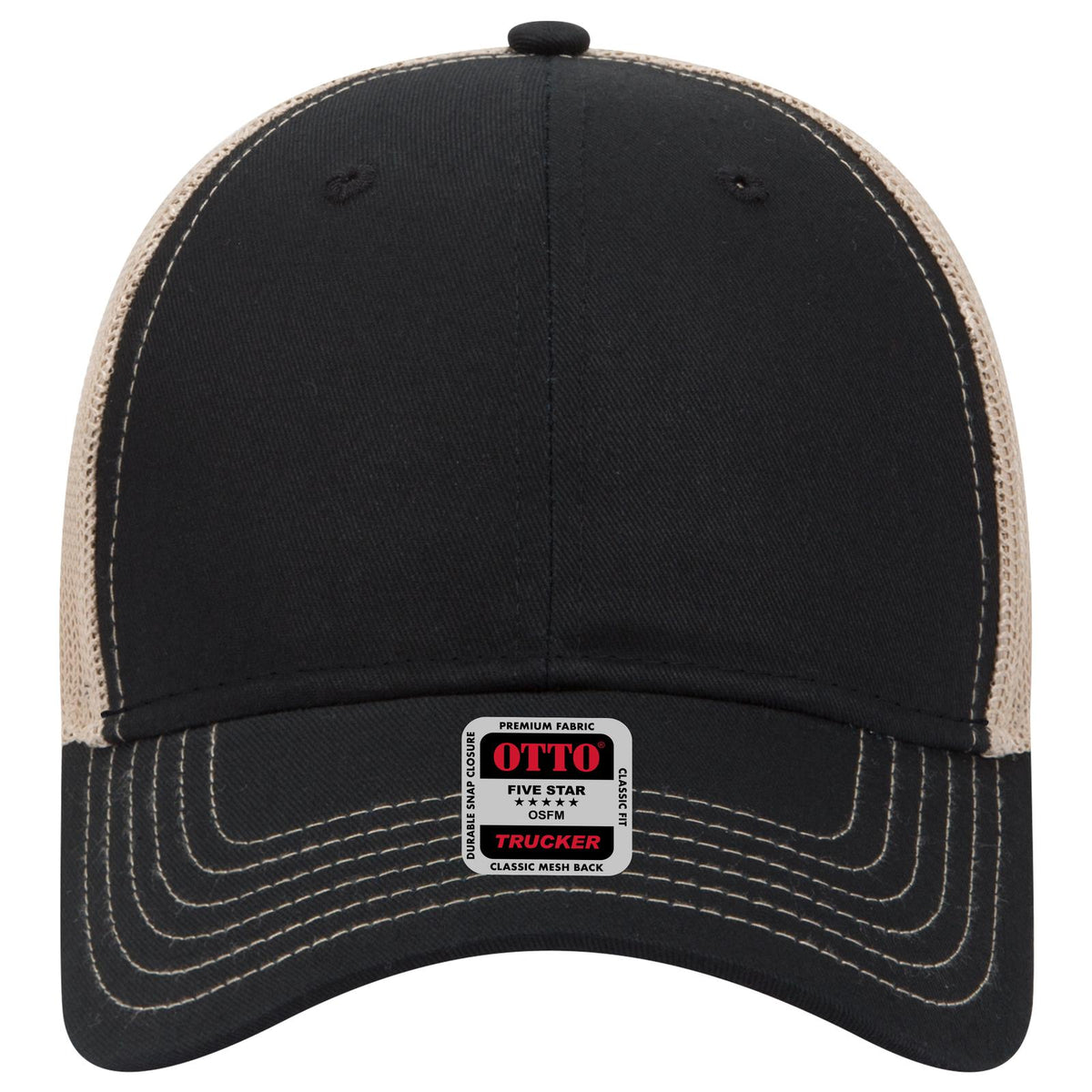 Front View of 030332 - Blk/Blk/Kha OTTO CAP 6 Panel Low Profile Mesh Back Trucker Hat