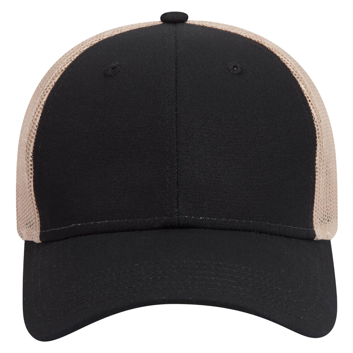 Front View of 030332 - Blk/Blk/Kha OTTO CAP 6 Panel Low Profile Mesh Back Trucker Hat