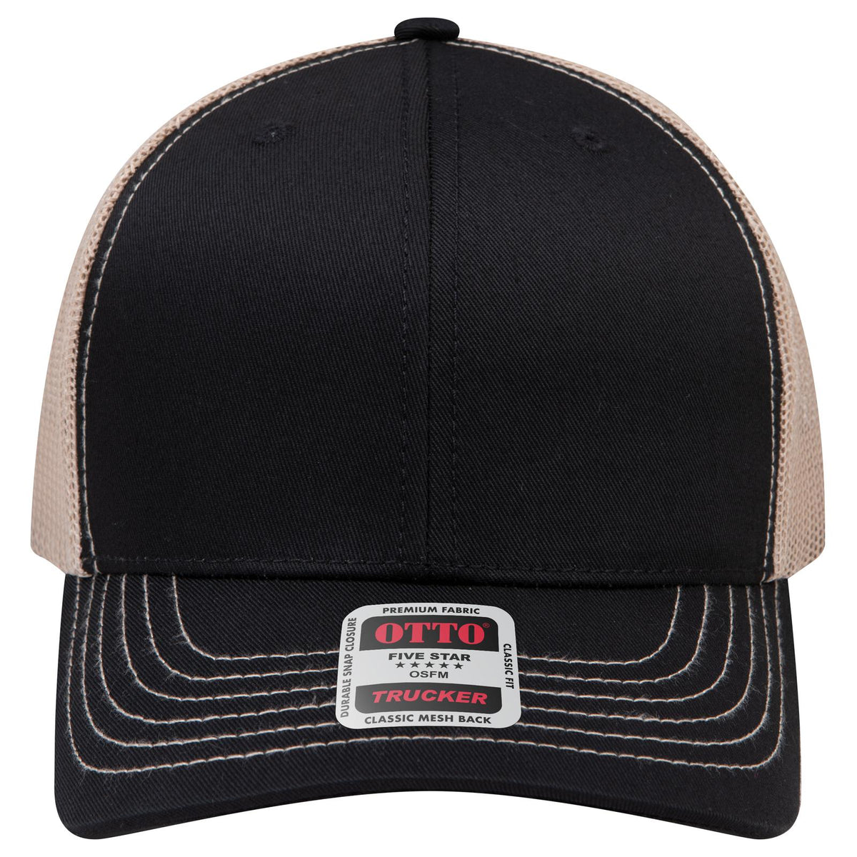 Front View of 030332 - Blk/Blk/Kha OTTO CAP 6 Panel Mid Profile Mesh Back Trucker Hat