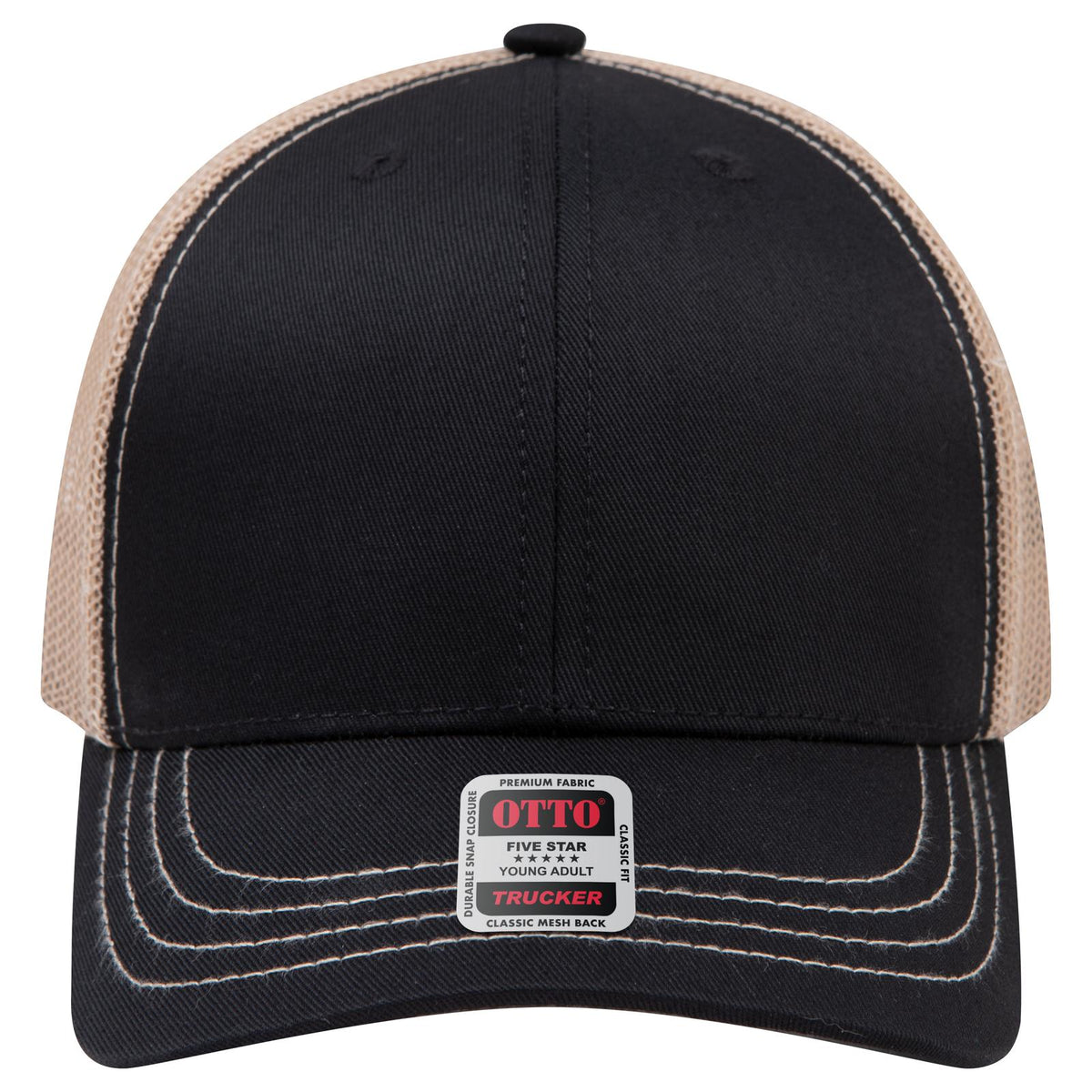 Front View of 030332 - Blk/Blk/Kha OTTO CAP 6 Panel Mid Profile Mesh Back Trucker Hat