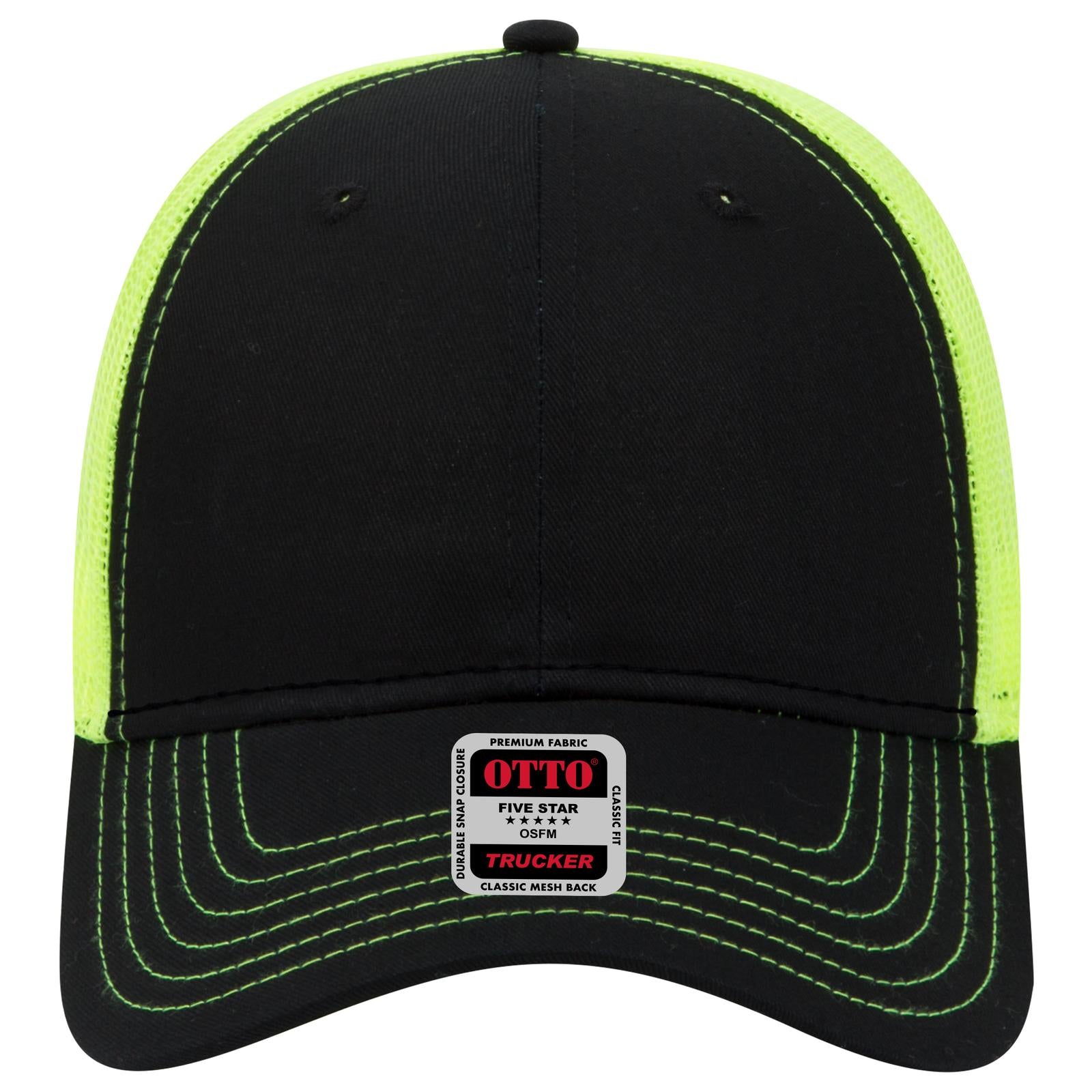 Front View of 030340 - Blk/Blk/N.Ylw OTTO CAP 6 Panel Low Profile Mesh Back Trucker Hat