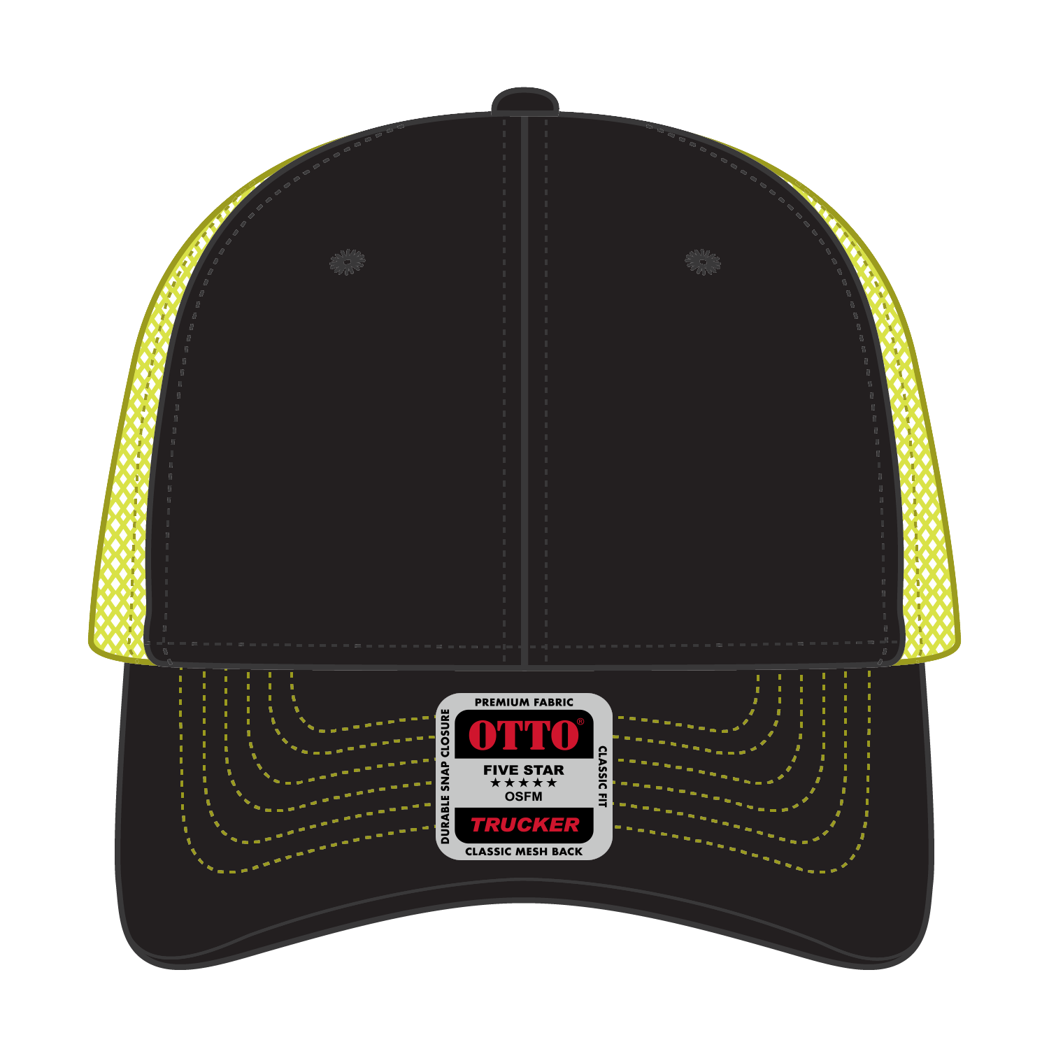 Front View of 030340 - Blk/Blk/N.Ylw OTTO CAP 6 Panel Low Profile Mesh Back Trucker Hat