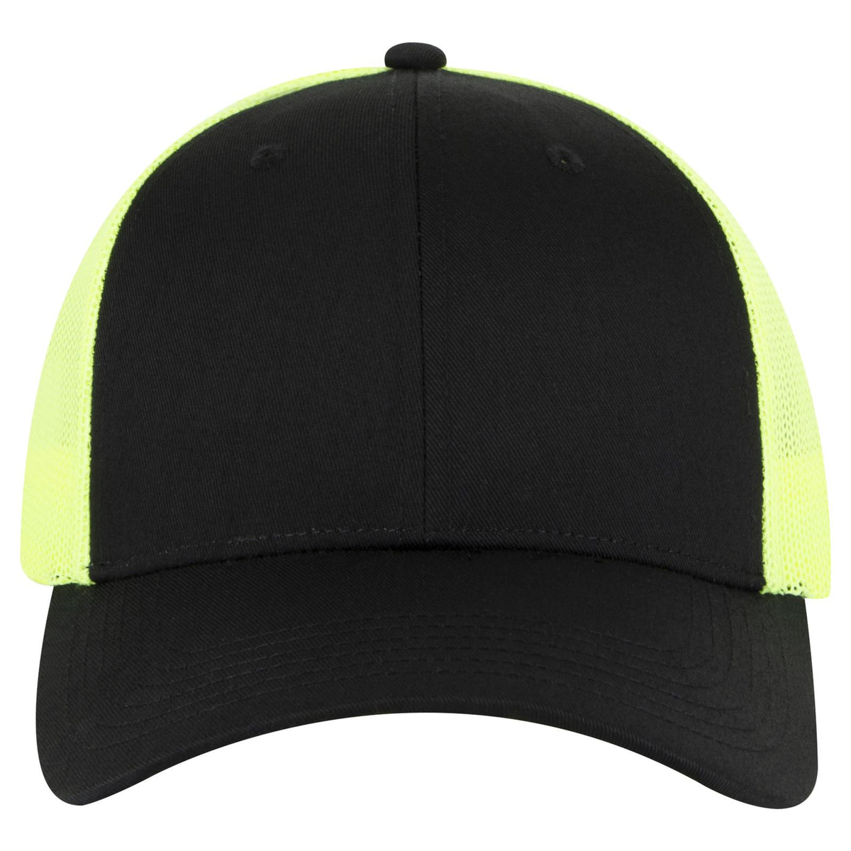 Front View of 030340 - Blk/Blk/N.Ylw OTTO CAP 6 Panel Low Profile Mesh Back Trucker Hat
