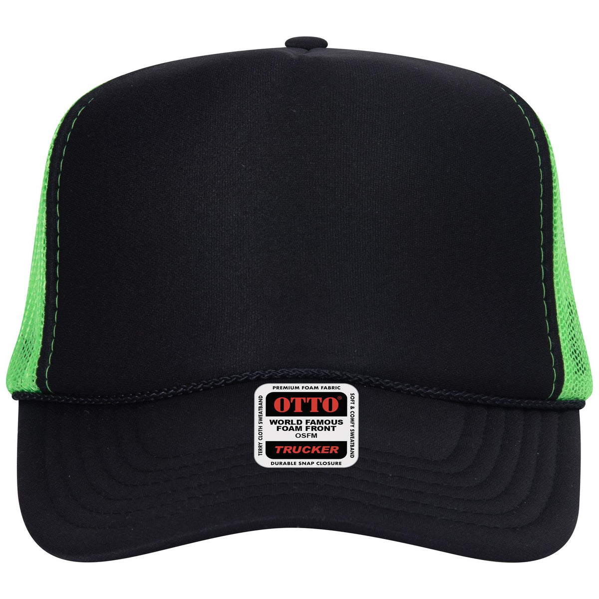Front View of 030388 - Blk/Blk/N.Grn OTTO CAP 5 Panel High Crown Mesh Back Trucker Hat
