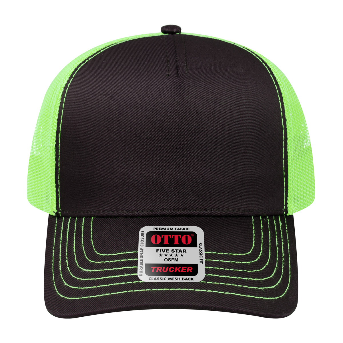 Front View of 030388 - Blk/Blk/N.Grn OTTO CAP 5 Panel Low Profile Mesh Back Trucker Hat