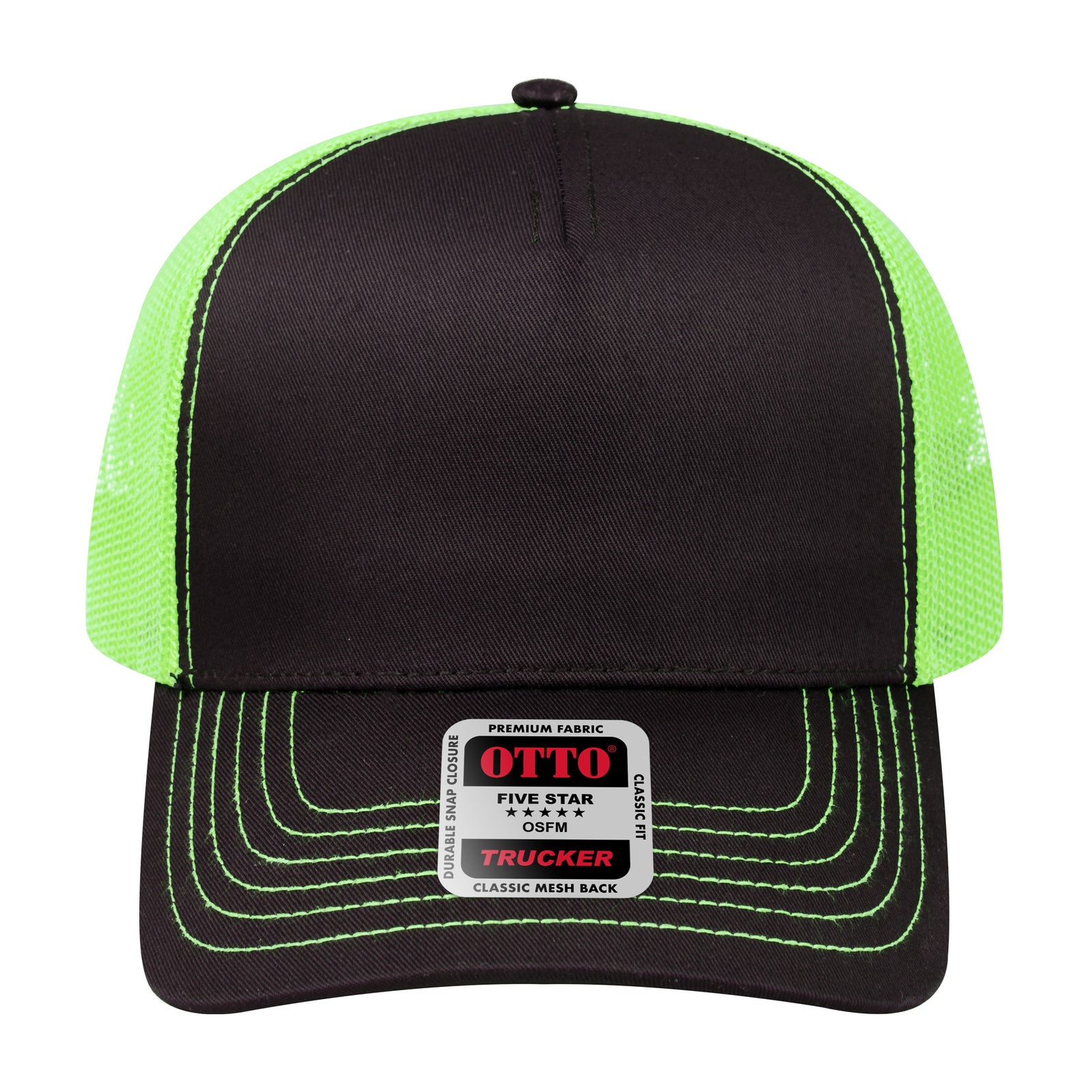 Front View of 030388 - Blk/Blk/N.Grn OTTO CAP 5 Panel Low Profile Mesh Back Trucker Hat