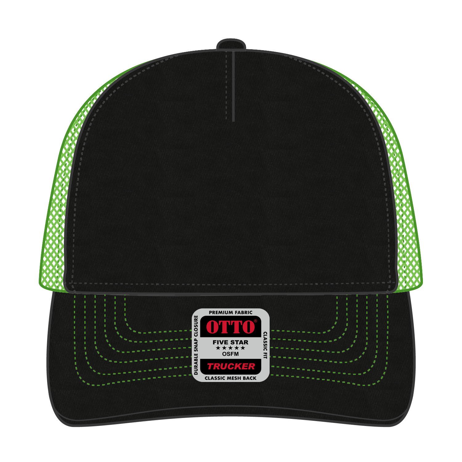 Front View of 030388 - Blk/Blk/N.Grn OTTO CAP 5 Panel Low Profile Mesh Back Trucker Hat