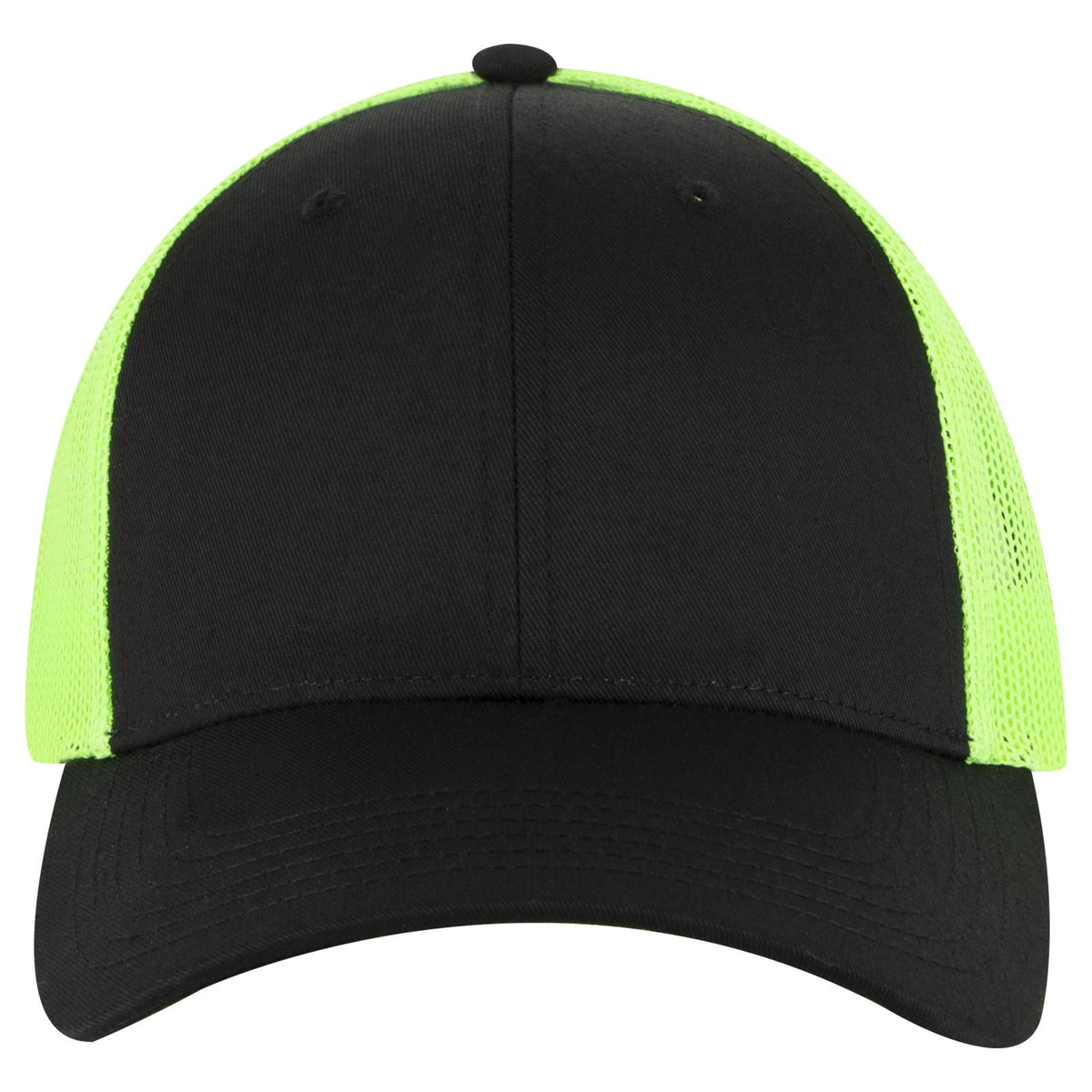 Front View of 030388 - Blk/Blk/N.Grn OTTO CAP 6 Panel Low Profile Mesh Back Trucker Hat