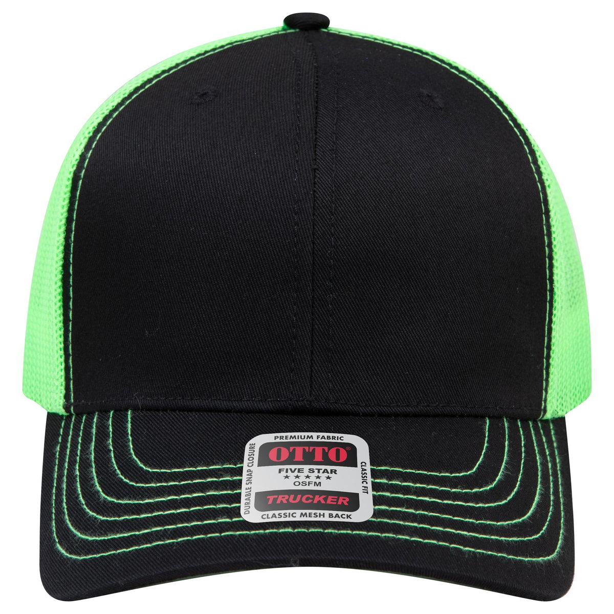 Front View of 030388 - Blk/Blk/N.Grn OTTO CAP 6 Panel Mid Profile Mesh Back Trucker Hat