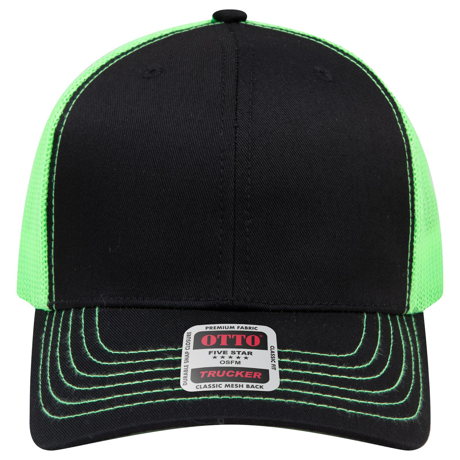 Right View of 030388 - Blk/Blk/N.Grn OTTO CAP 6 Panel Mid Profile Mesh Back Trucker Hat