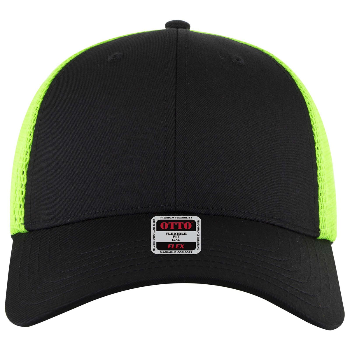 Front View of 030388 - Blk/Blk/N.Grn OTTO CAP "OTTO FLEX" Fitted 6 Panel Low Profile Mesh Back Trucker Hat