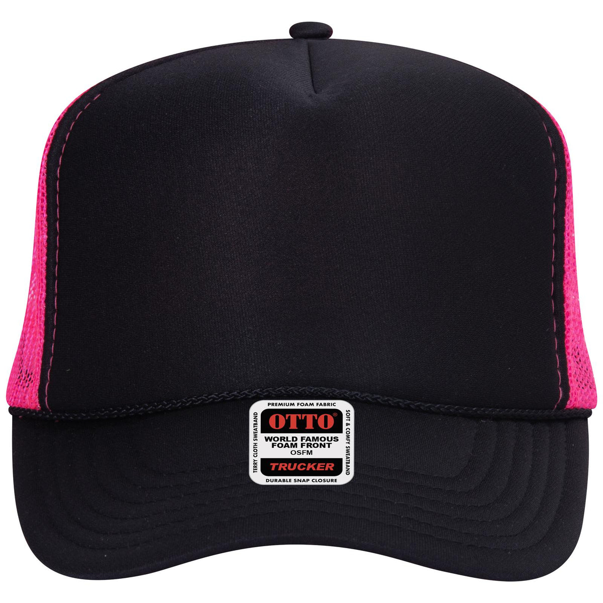 Front View of 030389 - Blk/Blk/N.Pnk OTTO CAP 5 Panel High Crown Mesh Back Trucker Hat