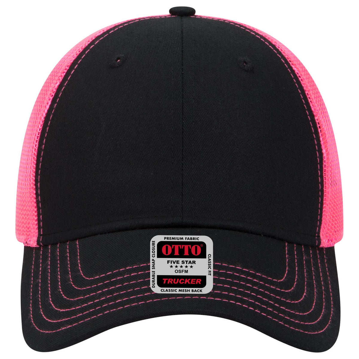Front View of 030389 - Blk/Blk/N.Pnk OTTO CAP 6 Panel Low Profile Mesh Back Trucker Hat