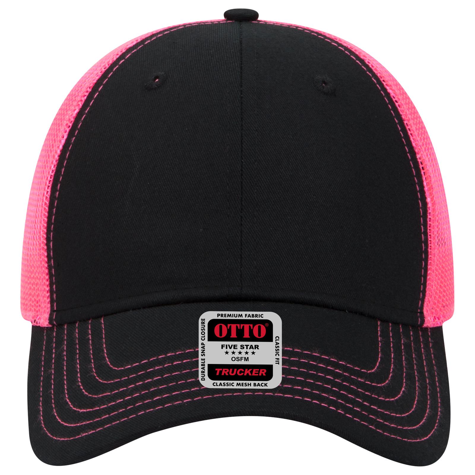 Front View of 030389 - Blk/Blk/N.Pnk OTTO CAP 6 Panel Low Profile Mesh Back Trucker Hat
